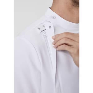 A white jacket featuring snap fasteners and a zip opening, with a close-up view of the collar area.