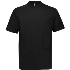 A black men's short-sleeve jacket featuring a pocket and decorative button detail on the shoulder.