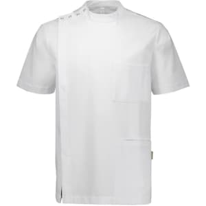 A short-sleeved white medical uniform with shoulder snaps and a front pocket, featuring a clean and minimalist design.