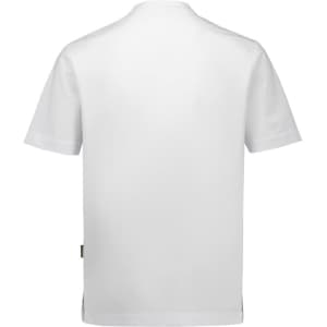 A white short-sleeved jacket featuring a simple design and a logo on the side.