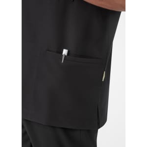 A black men's jacket featuring a pocket with a pen. The fabric appears smooth and lightweight.