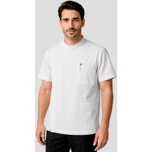 A white men's jacket with a modern design, featuring a pocket and button detail on one shoulder.