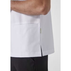 A white men's jacket with a side slit and a pocket, featuring a logo on the side.