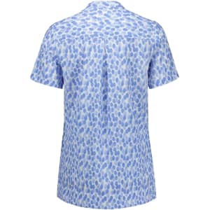 A short-sleeved tunic in a blue stardust print with a button-up collar and a logo on the back.