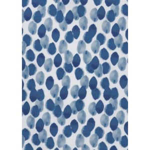A fabric print featuring a blue and white pattern of organic, oval shapes resembling watercolour blobs.