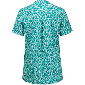 A short-sleeved tunic in aqua with a stardust print, featuring a back pleat and a branded logo.
