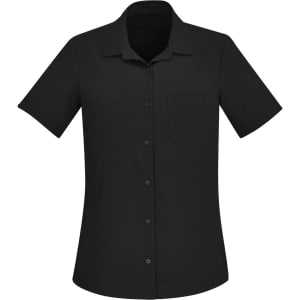 A black short sleeve shirt with a collar and a single chest pocket, featuring buttons and a simple design.