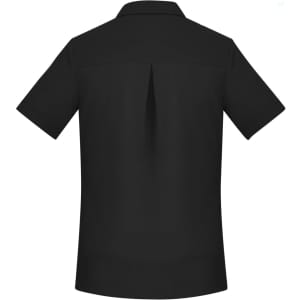 A black short sleeve shirt featuring a back pleat and a collar. It includes a logo on the front.