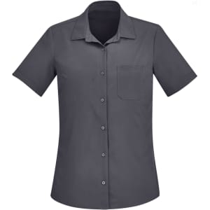 A grey short sleeve women's shirt with a collared neckline and a front pocket, featuring a logo.