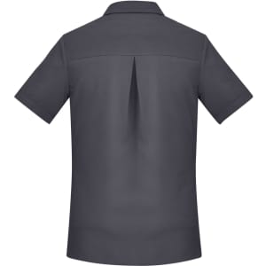 A plain short sleeve shirt in dark grey with a back pleat and collar, featuring a logo.