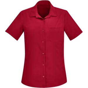 A red short sleeve shirt with a collar and a single chest pocket, featuring a logo.