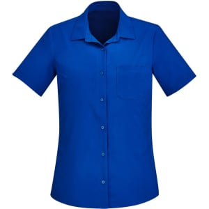 A blue short sleeve shirt with a collar and a front pocket, featuring a logo.