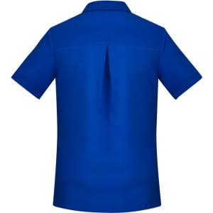 A short sleeve shirt in blue with a back vent and a collar, featuring a logo on the front.