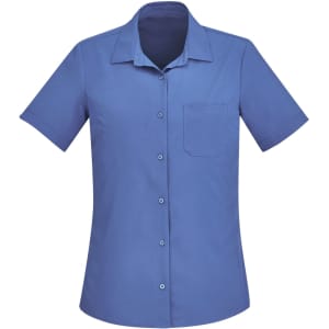 A blue short sleeve shirt with a collar and a single chest pocket, featuring a logo.