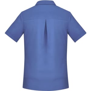 A short sleeve women's shirt in a soft blue colour, featuring a back pleat and a collar. It has a logo on the front.