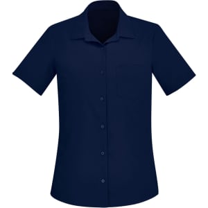 A short sleeve women's shirt in navy blue with a collar and a front pocket. It features buttons and has a logo.