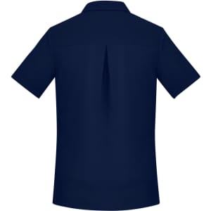 A navy short sleeve women’s shirt featuring a back centre pleat and a collar. It has a logo on the design.