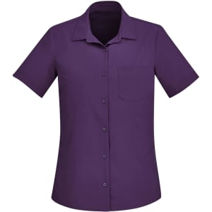 A plain short sleeve shirt in a rich purple colour, featuring a button-down front and a chest pocket.