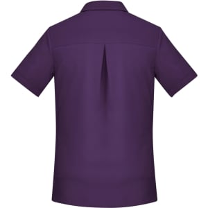 A plain short sleeve shirt in a rich purple colour, featuring a back pleat and collar. Includes branding.