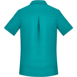 A turquoise short sleeve women's shirt featuring a rear vent and a collar, with a logo visible.