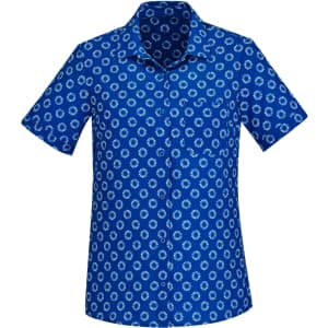 A short sleeve button-up shirt featuring a blue and white daisy print pattern. It has a collar and a logo.