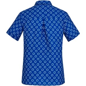 A blue short sleeve button-up shirt featuring a white daisy print pattern, with a logo on the back.