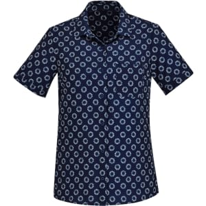 A short sleeve button-up shirt featuring a navy blue daisy print pattern and a chest pocket.