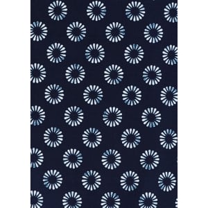 A navy button-up shirt featuring a white daisy print pattern, with a subtle branding logo.