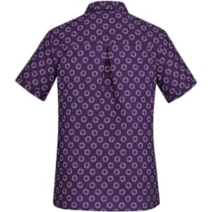 A short sleeve button-up shirt in purple with a daisy print pattern. The design features a logo on the back.