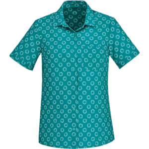 A green short sleeve button-up shirt featuring a white daisy print pattern and a single pocket.