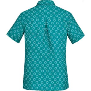 A women's short sleeve shirt featuring a teal background with a white daisy print and a back pleat detail.