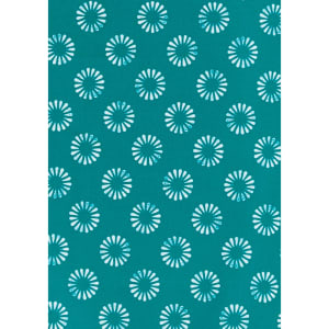 A teal fabric featuring a white daisy print pattern, with various floral designs evenly spaced throughout.