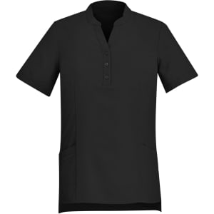 A short-sleeved, black tunic with a collar and three buttons, featuring side pockets and a branding logo.