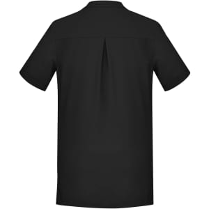 A plain black women's tunic featuring a back pleat and short sleeves, with a logo on one side.