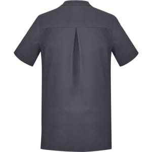 A dark grey women's tunic featuring short sleeves and a back pleat, suitable for uniforms.