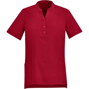 A red women's tunic featuring short sleeves, a mandarin collar, and a three-button placket. It has two front pockets.
