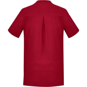 A plain red women's tunic with short sleeves and a back pleat design. It features a logo on the back.