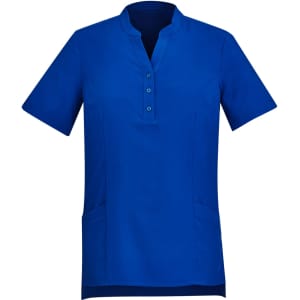 A blue women's tunic featuring short sleeves, a collarless design, and front buttons, with side pockets and a logo.