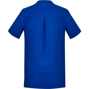 A blue women's tunic featuring a back pleat and short sleeves, with branding present.
