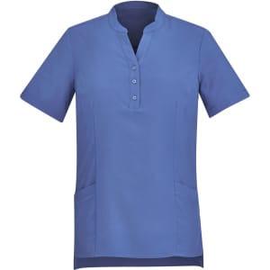 A short-sleeved, blue tunic featuring a collar and button detail, with side pockets and a simple design.