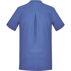A blue women's tunic with short sleeves and a back pleat, featuring a branding logo.