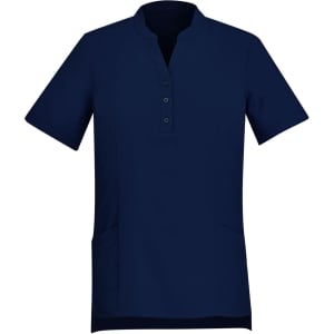 A navy blue women's tunic featuring a mandarin collar, short sleeves, and front button detailing with side pockets.