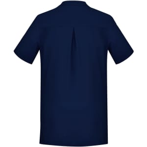 A navy blue women's tunic with a back pleat and short sleeves. Features a branding logo.