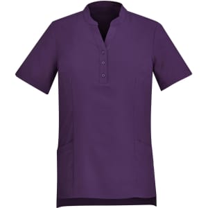 A purple women's tunic with a collar, short sleeves, and front buttons, featuring side pockets.