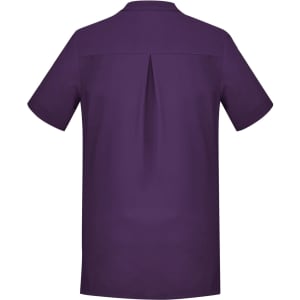 A plain purple women's tunic with a back pleat design and short sleeves. It features a branding logo.