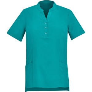 A turquoise women's tunic featuring a short sleeve design, mandarin collar, and front buttons, with side pockets.