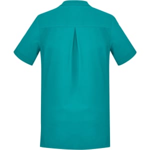 A teal women's tunic featuring short sleeves and a pleat detail at the back. It includes a logo on the design.