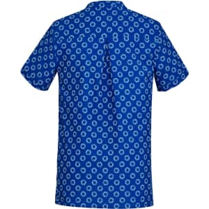 A blue tunic featuring a white daisy print, designed with short sleeves and a buttoned back. It has a logo.