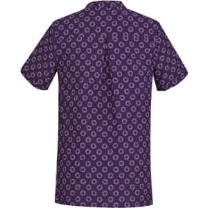 A purple tunic featuring a daisy print pattern, designed as a women's uniform option. It includes a logo.