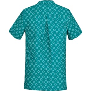 A turquoise tunic featuring a daisy print, with short sleeves and a back seam detail. It has a logo on the label.